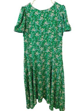 LOFT Sz 12 Green Floral Midi Dress Short Sleeve Fit & Flare Cottagecore Spring